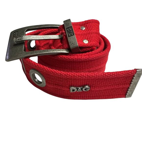 Y2K VTG Dolce & Gabbana Red Canvas Grommet Belt D&G Logo 27-34” Waist Grunge - Picture 2 of 8